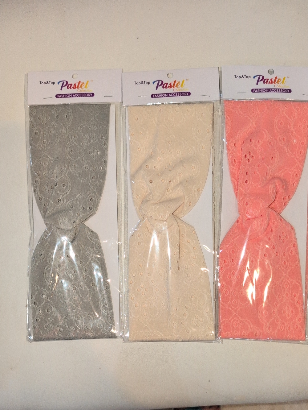 Pastel Eyelet Knot Headbands - Gray, Cream, Coral Set Of 3